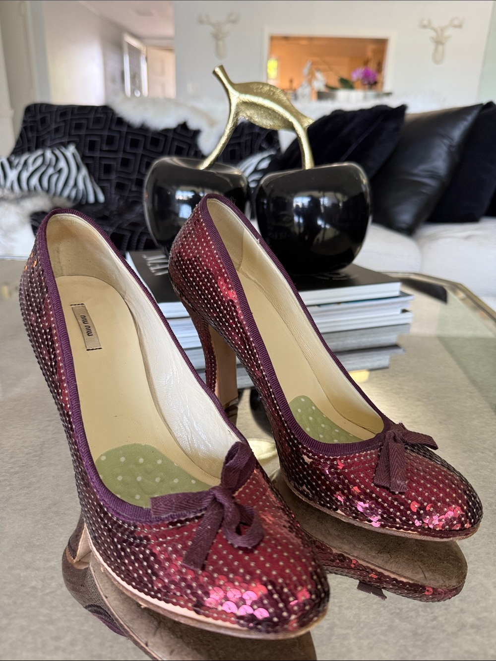 Miu Miu Plum Sequin Bow High Heels